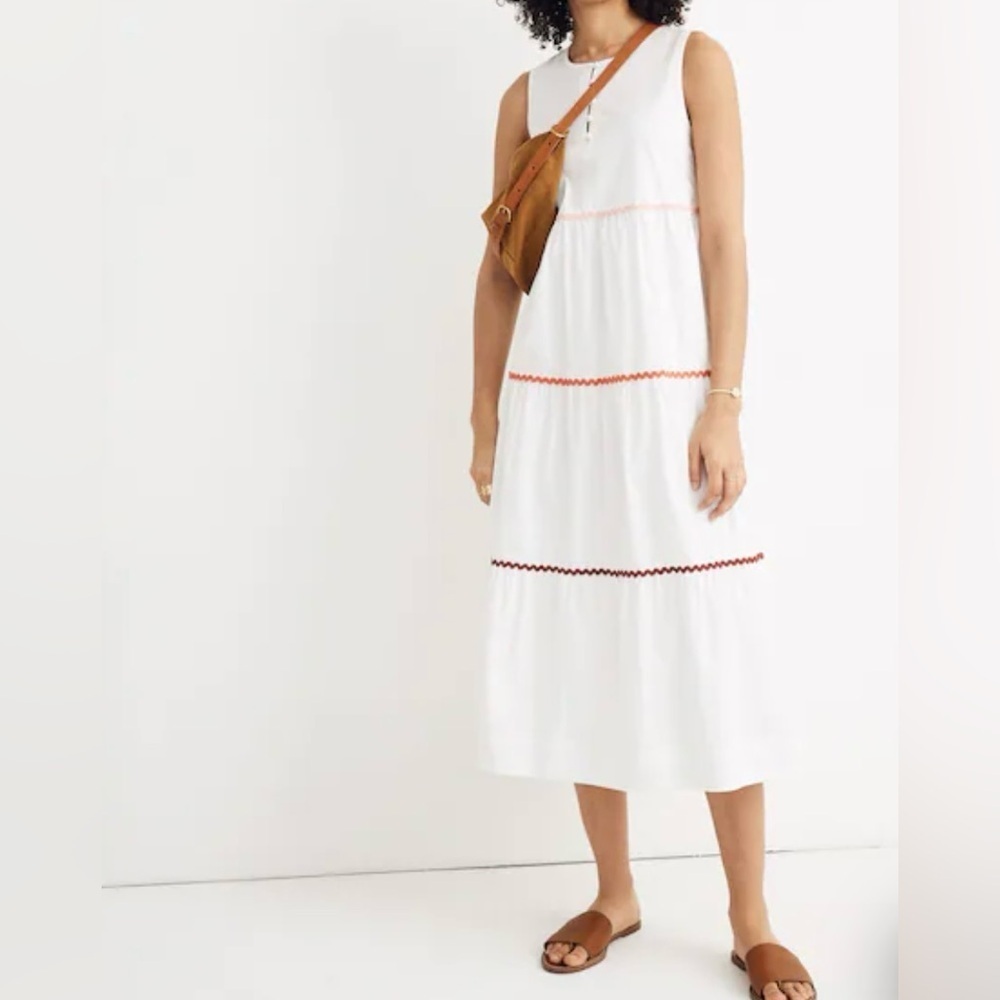 Madewell Rickrack Cattail Tiered Cotton Dress White Sleeveless Size‎ M Lined